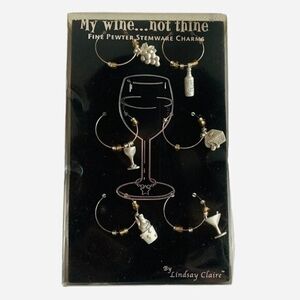 6 Wine Charms Lindsay Claire My Wine Not Thine Fine Pewter Stemware NIB